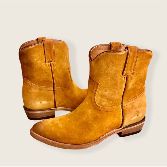 Frye Billy Short Camel Suede Leather South Western Pull On Cowboy Ankle Boots - Picture 8 of 16